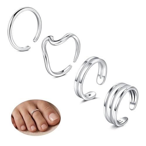 JFORYOU Toe Rings for Women Adjustable Open Toe Rings with Anklet Set CZ Flower Toes Ring for Summer Beach Foot Jewelry - color: 4pcs-silver toe rings Style C