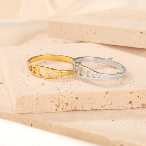 Amaxer Minimalist Phase of the Moon Rings Women Stainless Steel Moon Phase Ring Geometric Crescent Moon Finger Ring Gifts - color: gold