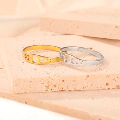 Amaxer Minimalist Phase of the Moon Rings Women Stainless Steel Moon Phase Ring Geometric Crescent Moon Finger Ring Gifts - color: gold