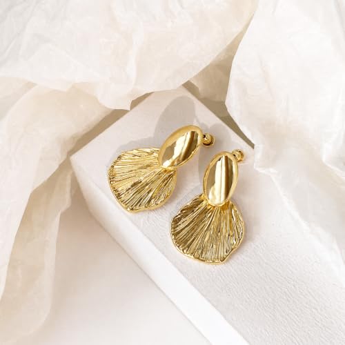 OGD Chunky Gold Statement Earrings For Women Trendy Gold Plated Sectored Flower Leaf Angel Wing Earrings Large Stud Jewlery Hypoallergenic - color: Shell-Gold