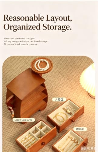 3 Drawer Wooden Jewelry Box, Compact Storage Organizer in Cherry | Solid Wood, 3 Drawers Top Tray,Cherry Tone, Arm Bracelet Hanger, Compact Jewelry Storage, Rustic Decor, Gift