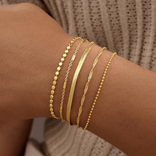 Gold Bracelets for Women, 14K Gold Plated Stackable Bracelet Stack Set Adjustable Charm Small Square Chain Snake Link Layered Waterproof Jewelry Sets Gifts - color: Bracelets-1 Gold