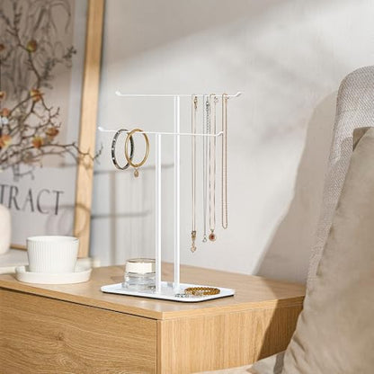 pickpiff Necklace Holder Jewelry Organizer Stand – 2‑Tier T‑Bar Jewelry Display Tree with Tray for Countertop Necklace Bracelet Earring Storage, Vanity Dresser Bathroom Sink, White - color: White