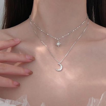 Silver Star Moon Charm Necklace for Women Layered Collarbone Chain Delicate Clavicle Chain Double Layer Necklaces for Woman - color: White K