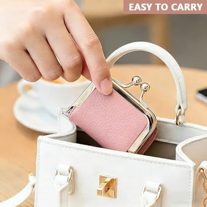 Genuine Leather Small Jewelry Travel Case with Kiss Lock, Portable Travel Jewelry Case Mini Coin Purse for Rings, Earrings, Pendants, Necklaces, Mini Jewelry Box for Girls Women(Pink) - color: Pink