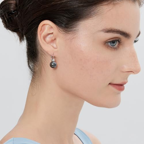 925 Sterling Silver Pearl Leverback Earrings for Women Cubic Zirconia Pearl Jewelry 10MM - color: A: Leverback-Dark Gray