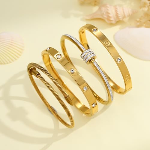 Gold Bangles for Women, 4 Pcs 18K Gold Plated Stainless Steel Stackable Bangle Bracelets, Non Tarnish CZ Bangles Set, Trendy Jewelry Gifts for Women - color: Gold-3