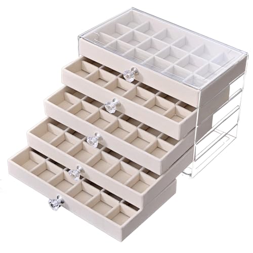 SPAKOWN Earring Box Holder Organizer Display Case, Clear Velvet Jewelry Storage Tray Organizer for Earring Ring Stud (Beige - 5 Drawers) - color: Beige, size: 5 Drawers