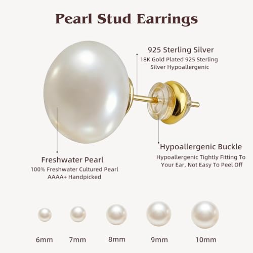 Natural Freshwater Pearl Earrings, 925 Sterling Silver 18K Gold Plated Hypoallergenic 6/7/8/9/10mm AAAA+ Pearl Earring Studs Jewelry for Women