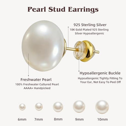 Natural Freshwater Pearl Earrings, 925 Sterling Silver 18K Gold Plated Hypoallergenic 6/7/8/9/10mm AAAA+ Pearl Earring Studs Jewelry for Women