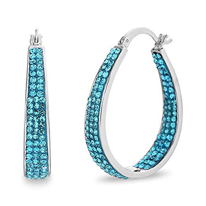 Devin Rose Oval Inside Outside Hoop Earrings for Women Faceted Sparkle Crystals - color: Aqua