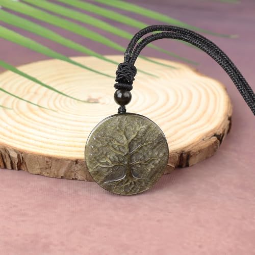Anjiucc Natural Gemstone Tree of Life Black Obsidian/Golden Obsidian Pendant Necklace for Male and Female Necklace - color: Gold Sheen Obsidian