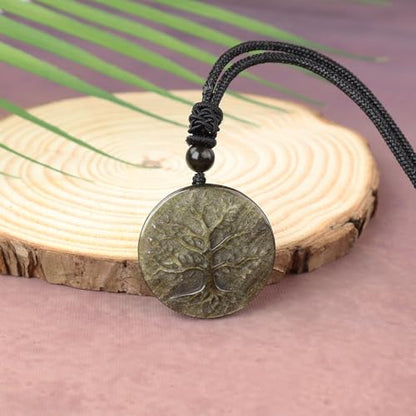 Anjiucc Natural Gemstone Tree of Life Black Obsidian/Golden Obsidian Pendant Necklace for Male and Female Necklace - color: Gold Sheen Obsidian