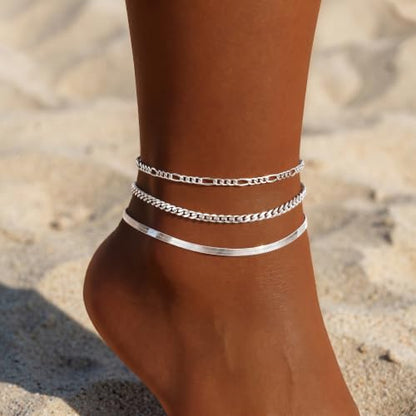 Waterproof Ankle Bracelets for Women,14k Gold Plated Hypoallergenic Layered Stackable herringbone Cuban Link Chain,Adjustable Beach Anklets Bracelets for Women Gift 3pc Sets - color: Silver