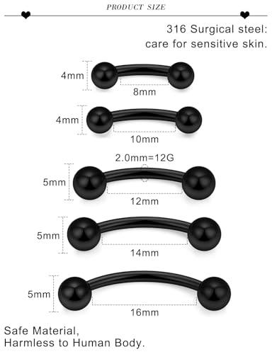 20G 16G 14G 12G Eyebrow Ring Piercing Jewelry Surgical Steel Vertical Labret Lip Ring Rook Daith Earrings Navel Small Tiny Belly Button Ring Piercing Jewelry for Women Men Silver Black Gold - color: Black, size: 12G