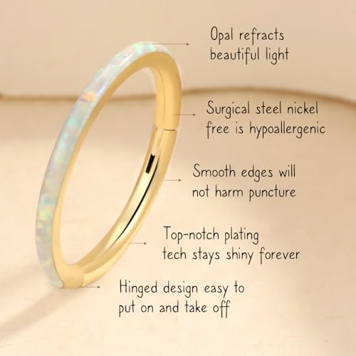 AROWRO Nose Rings Hoops with Opal Hinged Nose Rings for Women Surgical Steel Septum Rings 16G 18G 20G Conch Helix Daith Piercing Jewelry Diameter 6mm-12mm - color: Gold&White Opal, size: 16G(1.2mm)-12mm
