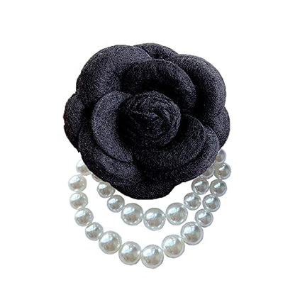 Wool Camellia Flower Pearl Tassel Brooches Pins Delicate Flowers Brooch Classic for Wedding Party Dance Banquet for Women Dainty Elegant Lapel Pins Dress Suit Accessories - color: Black