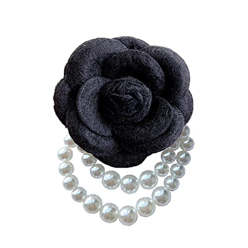 Wool Camellia Flower Pearl Tassel Brooches Pins Delicate Flowers Brooch Classic for Wedding Party Dance Banquet for Women Dainty Elegant Lapel Pins Dress Suit Accessories - color: Black