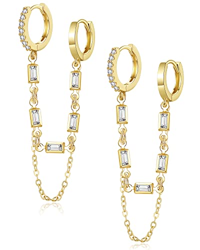 Tassel Chain Small Gold Hoop Dangle Earring For Women Huggie Earring Heart Star CZ 14K Gold Plated Fashion Jewelry Graduation Gift for Her Mothers Day Gifts for Mom - color: Double-Rectangle-Gold
