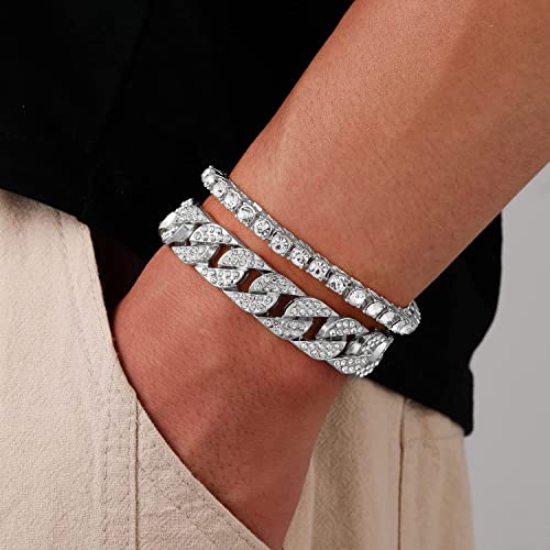 HH BLING EMPIRE 14K Gold and Silver Bracelets Diamond Tennis and Cuban Link Bracelet for Men Women Hip Hop Jewelry - color: Set B-Silver, size: 8.5"