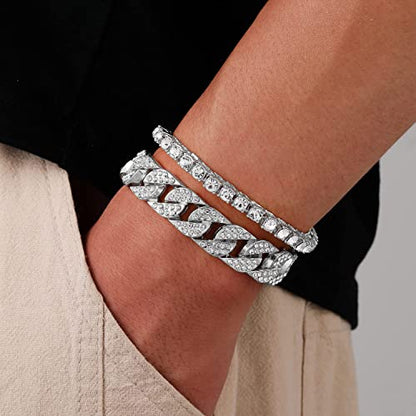 HH BLING EMPIRE 14K Gold and Silver Bracelets Diamond Tennis and Cuban Link Bracelet for Men Women Hip Hop Jewelry - color: Set B-Silver, size: 8.5"