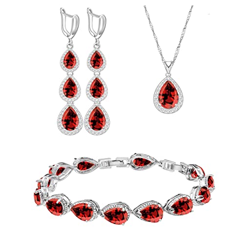 LMXXVJ Necklace Long Earrings Bracelet Set, White Gold Plated Created Blue Sapphire Jewelry Set Wedding Party Gift Jewelry for Women Bridal Bridesmaid - color: Garnet Red