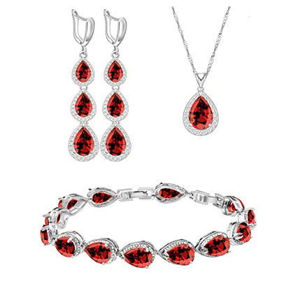 LMXXVJ Necklace Long Earrings Bracelet Set, White Gold Plated Created Blue Sapphire Jewelry Set Wedding Party Gift Jewelry for Women Bridal Bridesmaid - color: Garnet Red