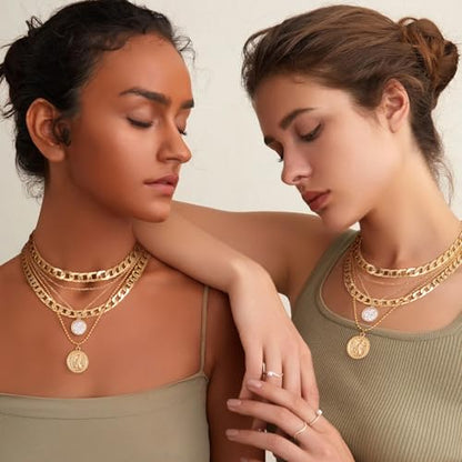MJartoria Layered Necklaces for Women Trendy Retro Mother of Pearl Coin Letter Pendant Necklace Dainty Chunky Chain Choker Necklaces for Jewelry Birthday Gifts - style: A.