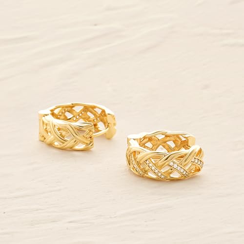 Women Gold Earrings Huggie Hoop Cubic Zirconia 14K Gold Plated Small Simple Hypoallergenic Everyday Jewelry - style: Braided