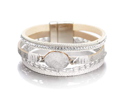 Fesciory Leather Wrap Bracelet for Women, Boho Western Layered Cuff Jewelry | Stackable Bracelets, Easy-On Clasp, Daily Wear, Pairs with Boho Western Outfits, Gift for Women - color: White2