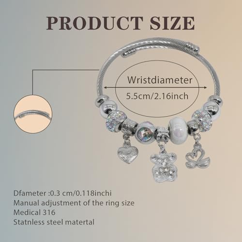 Charm Bracelets for Womens,Exquisite Cute Cartoon Friendship Silver Bracelets Stainless Steel Bangle, Womens Jewelry Suitable for Holiday Gifts and Birthday Gifts - color: Diamond Bear Bracelet