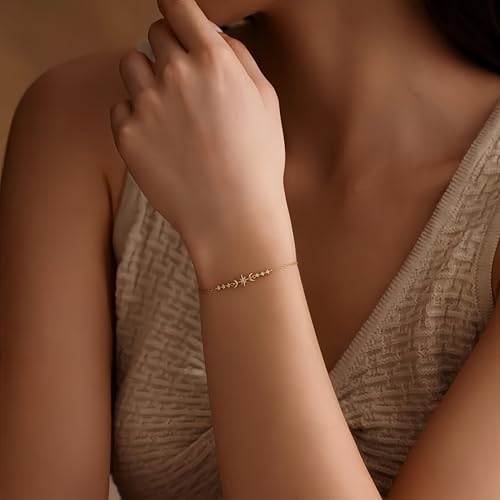 18K Gold Plated Star and Moon Bracelet for Women, Dainty Cubic Zirconia Celestial Adjustable Bracelet, Minimalist Everyday Jewelry Gift for Her