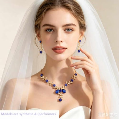 Kamirola Women's Wedding Jewelry Leaf Cluster Flower Crystal Dangle Earrings Pendant Necklace Set for BridalCrystal Bridal Jewelry Set - color: Gold Blue