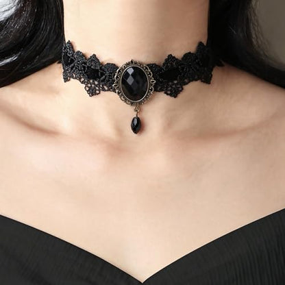 Qceasiy Gothic Black Necklace for Women, Adjustable Victorian Velvet Lace Collar, Halloween Party Cosplay Jewelry Gift - style: Black Gem Lace