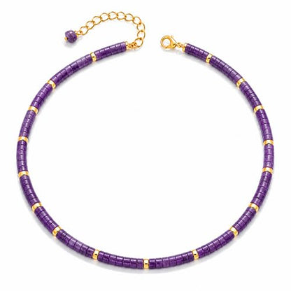 Natural Heishi Gemstone Choker Necklace for Women, Adjustable 15"+2" Beaded Layering Necklace, Coastal Beach Jewelry Gift for Her - color: Amethyst