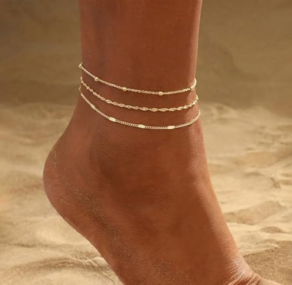 Gold Ankle Bracelets for women,14k Gold/Silver Plated Waterproof Layered lightweight Bow Beaded Twisted Chain Cross Butterfly Satellite Ankle Bracelets Set Gold Anklets for women Trendy Summer Beach Jewelry Gift for Women - style: 3 anklets twisted satell