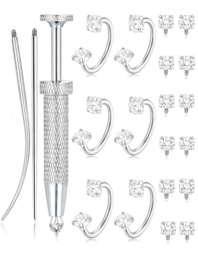 Akeoqi Horseshoe Nose Ring 20G 316L Surgical Steel Double CZ Internally Threaded Cartilage Helix Tragus Earrings for Women Men Septum Nostril Lip Eyebrow Piercing 8MM Gold Silver Plated - color: Silver-20G-8MM-White Clear CZ
