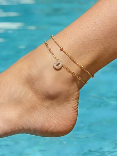 Richsteel Initial Ankle Bracelets for Women Waterproof, 14K Gold Plated/Silver Stainless Steel Anklets, Dainty Adjustable Layered Anklets with Bubble Letter, Non Tarnish Summer Beach Jewelry with Gift Box - color: D-Gold-Plated