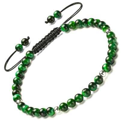 Natural Stone&925 Sterling Silver/18K Gold Anklet,│4MM│9-12 in│, Hand Woven, Adjustable Size - color: 925 Sterling Silver&Greener Tiger's Eye，4MM
