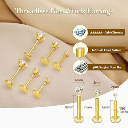 14K Gold Filled Threadless Nose Studs 316L Surgical Steel Labret Studs Lip Rings Push in Flat Back Stud Earrings CZ Nose Nostril Cartilage Lip Medusa Conch Tragus Helix Body Piercing Jewelry for Women Men Hypoallergenic 20G 18G 16G - color: 6Pcs 18G 2mm 3