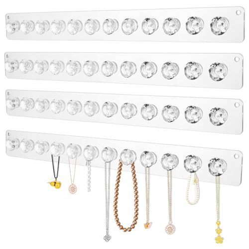4Pcs Wall Necklace Holder for Women, Hanging Jewelry Organizer Wall Mount Crystal Holder Necklace Wall Hanger, Acrylic Bracelet Holder Organizer Jewelry Rack Adhesive Hooks Necklace Storage - style: 4 Pcs 12 Hooks