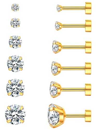6 Pairs Hypoallergenic Cubic Zirconia Earrings Surgical Steel Flat Back Studs for Cartilage, Screw Back Fashion Jewelry - color: A-002-Gold