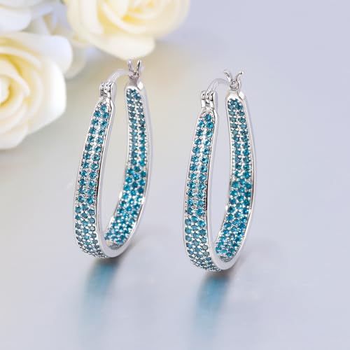 925 Sterling Silver Post Hoop Earrings for Women Gilrs Multcolors Cubic Zircon Hoops 14K Gold Plated Oval Chunky Hoop Earrings Jewelry Gift for Mothers Day/July 4th/Wedding/Party/Christmas - color: Light Blue