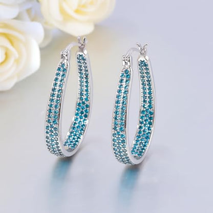 925 Sterling Silver Post Hoop Earrings for Women Gilrs Multcolors Cubic Zircon Hoops 14K Gold Plated Oval Chunky Hoop Earrings Jewelry Gift for Mothers Day/July 4th/Wedding/Party/Christmas - color: Light Blue