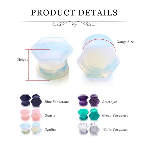 YOFANST 6 Pairs Natural Stone Ear Plugs Hexagon Double Flare Saddle Ear Gauges Piercing Earrings 2g-5/8 inch - color: 2G(6mm)