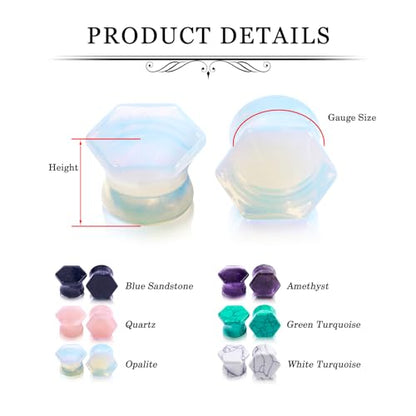 YOFANST 6 Pairs Natural Stone Ear Plugs Hexagon Double Flare Saddle Ear Gauges Piercing Earrings 2g-5/8 inch - color: 2G(6mm)