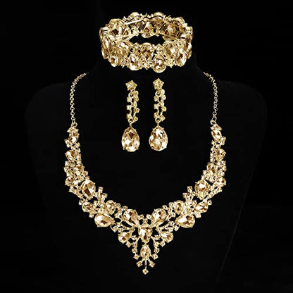 Rhinestone Bridal Jewelry Sets for Women Crystal Necklace Earrings Bracelet Set Silver-Tone Wedding Bridal Bridesmaid Gifts fit with Wedding Dress - color: C:3pcs-Champagne Tone Necklace + Earrings + Bracelet set
