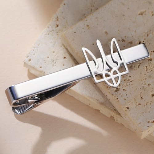Dreamtimes Ukrainian Symbol Tie Clip Ukrainian Tie Clasp for Men Ukraine Trident Inspired Jewelry Ukraine Remembrance Tie Clip Patriotic Gift - color: Silver