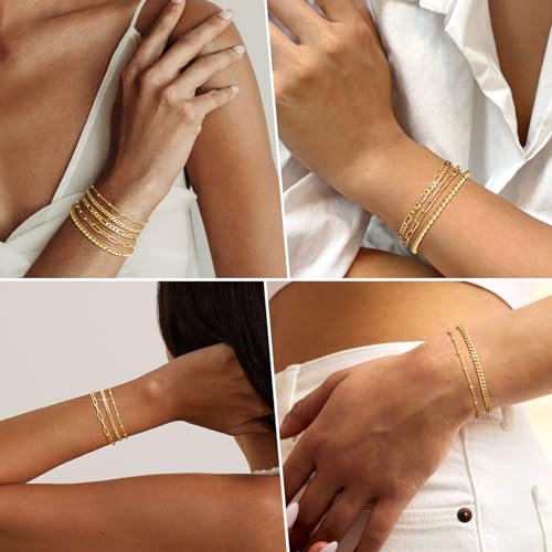 Gold Bracelets for Women, 14K Gold Plated Stackable Bracelet Stack Set Adjustable Charm Paperclip Chain Cuban Link Layered Waterproof Jewelry Sets Gifts for Womens 6.5 Inch - color: Gold 7.2 IN Large Wrist