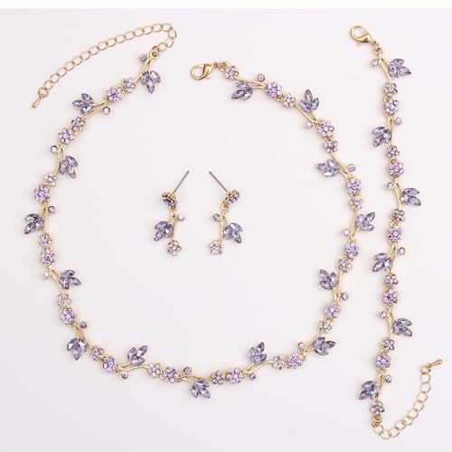 Brides Bridesmaid Flower Leaf Choker Necklace Dangle Earrings Link Bracelet Austrian Crystal Wedding Jewelry Set for Prom Costume Party Accessories for Woman - color: Violet-Gold Plated